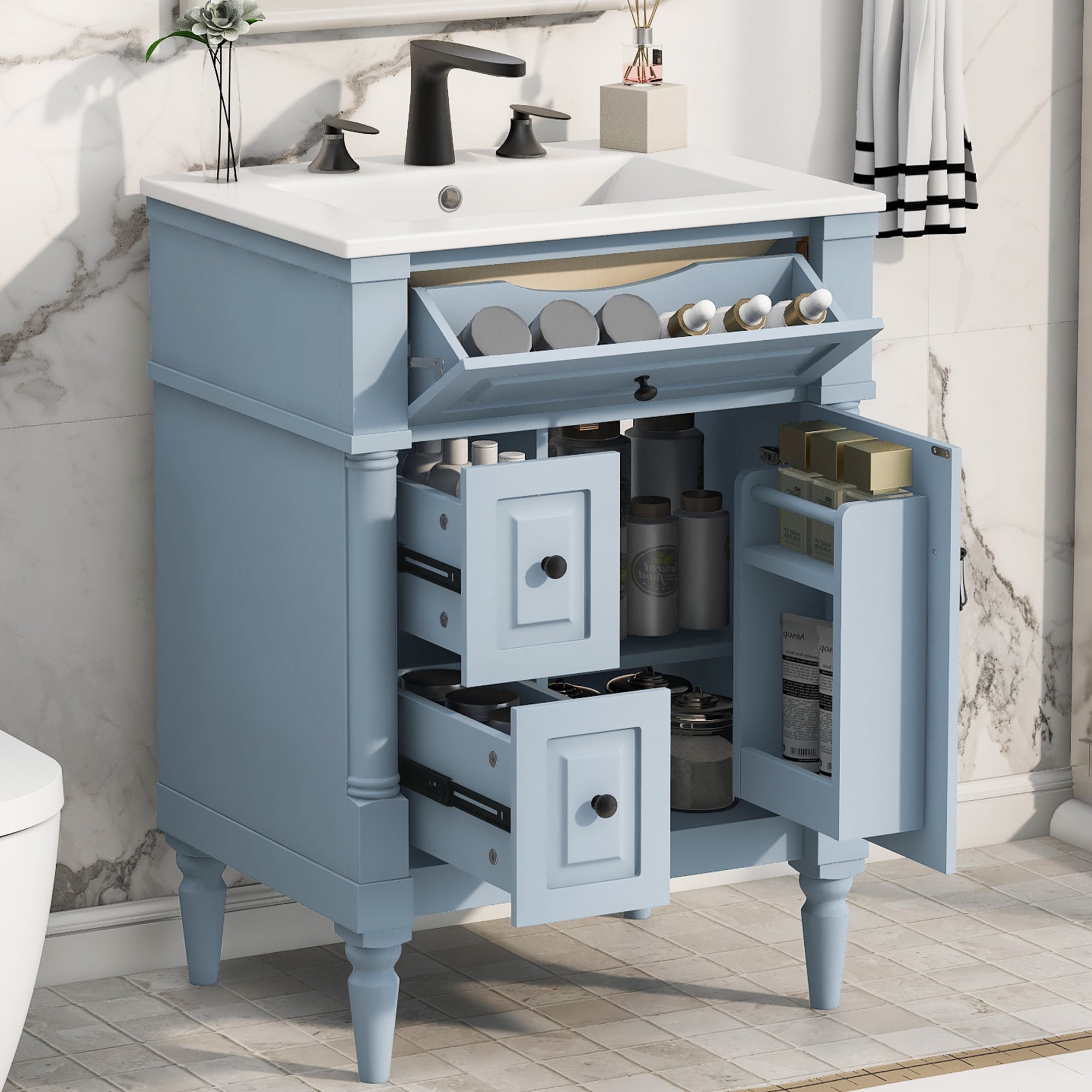 Euroco 24 Inch Bathroom Vanity with Sink, Grey Blue Freestanding Bathroom Cabinet with Flip Drawer, Adjustable Shelf, Solid Rubberwood Frame, MDF Panels & Metal Handles