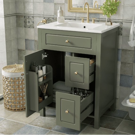 Euroco 24-Inch Bathroom Vanity with Ceramic Sink, 1 Soft Close Door, 2 Soft Close Drawers, and Double Storage Racks on the Door