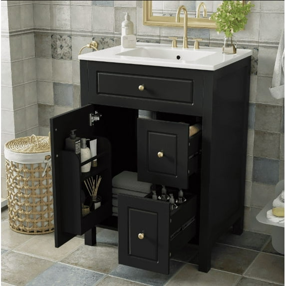Euroco 24-Inch Bathroom Vanity with Ceramic Sink, 1 Soft Close Door, 2 Soft Close Drawers, and Double Storage Racks on the Door