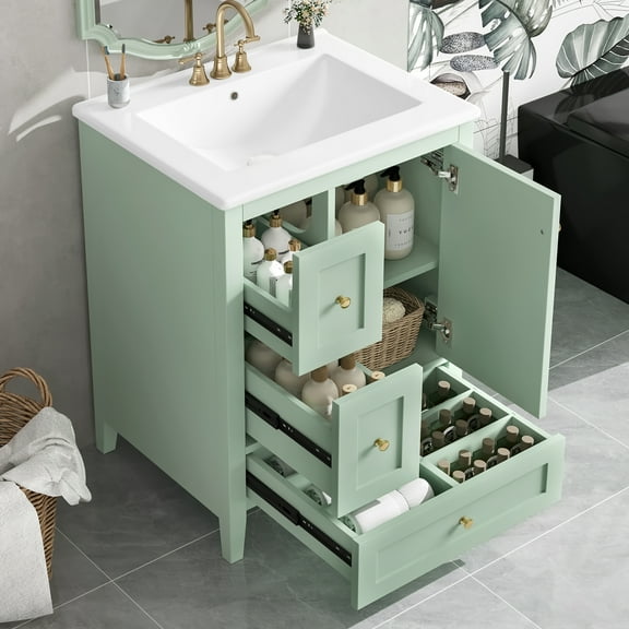 Euroco "24-Inch Bathroom Vanity with Storage, Adjustable Shelf, MDF & Rubberwood, Removable Dividers, Green Finish"
