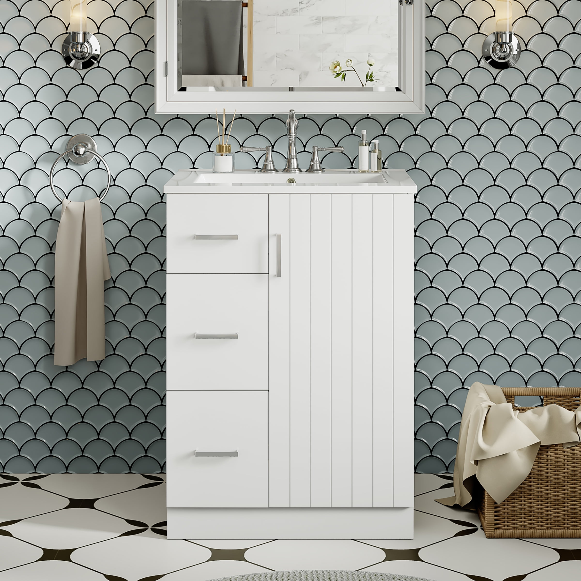 Euroco 24-Inch Bathroom Vanity with Vertical Fluted Design, Undermount Sink, Soft-Close Drawers & Door – Compact Storage Cabinet for Small Spaces