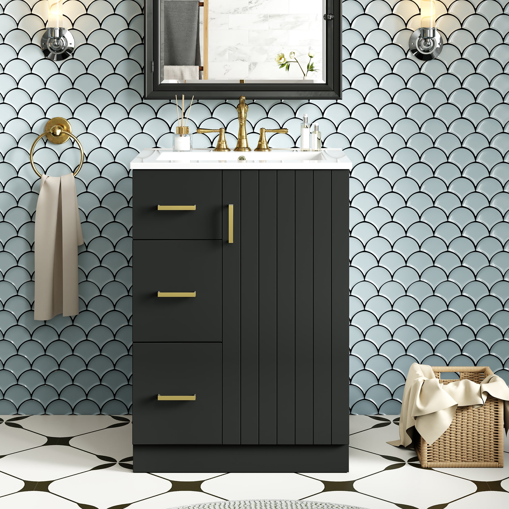 Euroco 24" Modern Bathroom Vanity with Sink, Small Bathroom Sink Cabinet with 2 Drawers and Soft-Closing Door, Under-mount Sink Bathroom Cabinet with Drawers