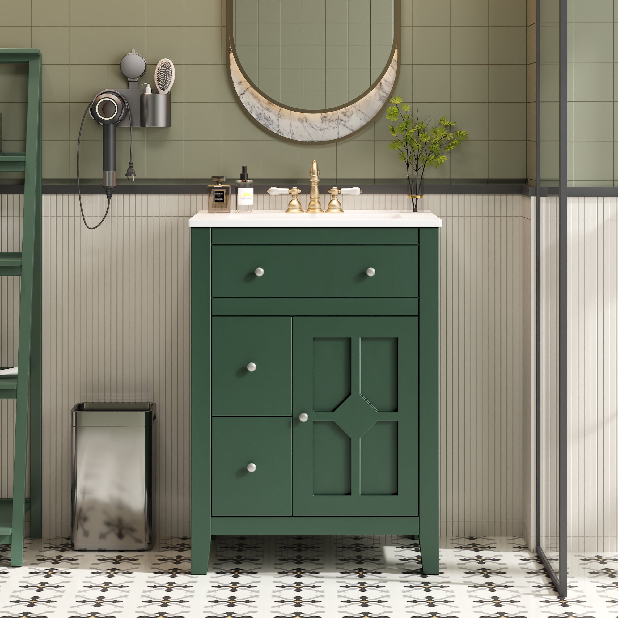 Euroco 24" Modern Bathroom Vanity with Ceramic Basin, Restroom Basin Cabinet with 2 Drawers, Small Bathroom Cabinet with Soft-Closing Door