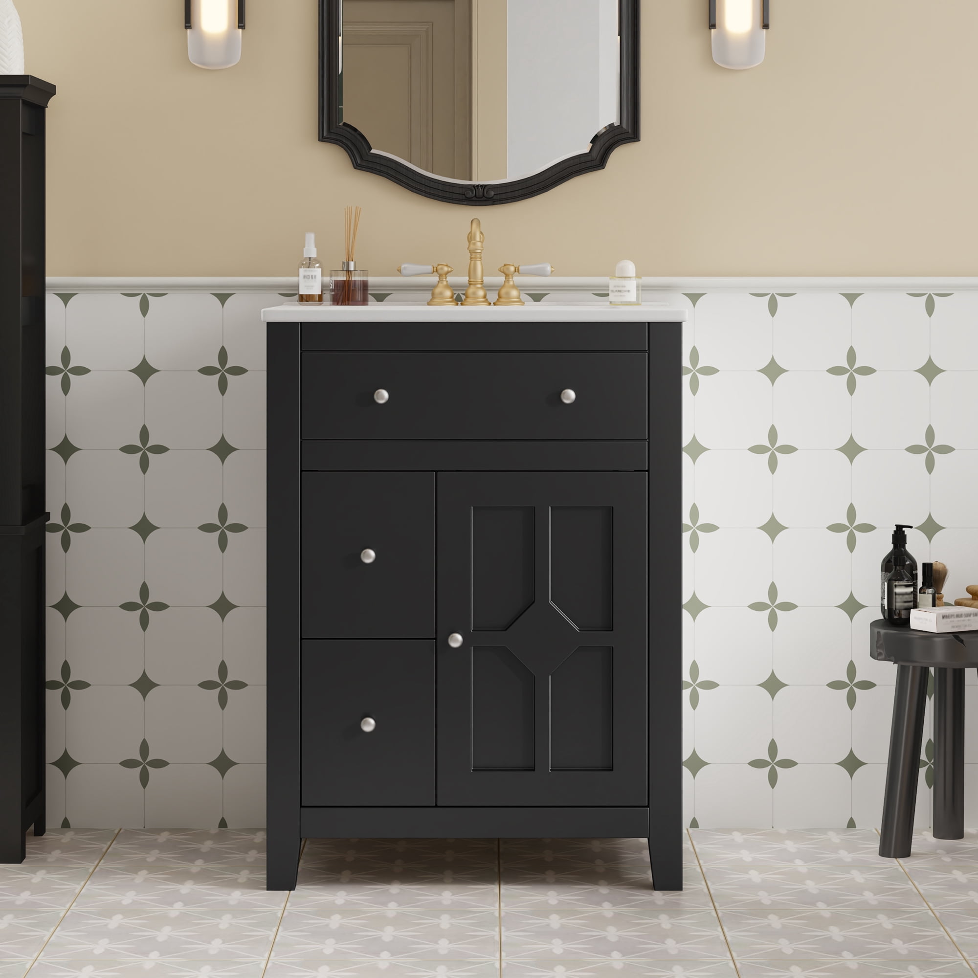 Euroco 24" Modern Bathroom Vanity with Ceramic Basin, Restroom Basin Cabinet with 2 Drawers, Small Bathroom Cabinet with Soft-Closing Door