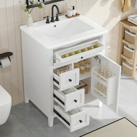 Euroco "24" White Bathroom Vanity with Sink, MDF & Rubberwood Construction, 3 Drawers & Cabinet with Adjustable Shelves, Modern Design for Small to Medium Bathrooms"