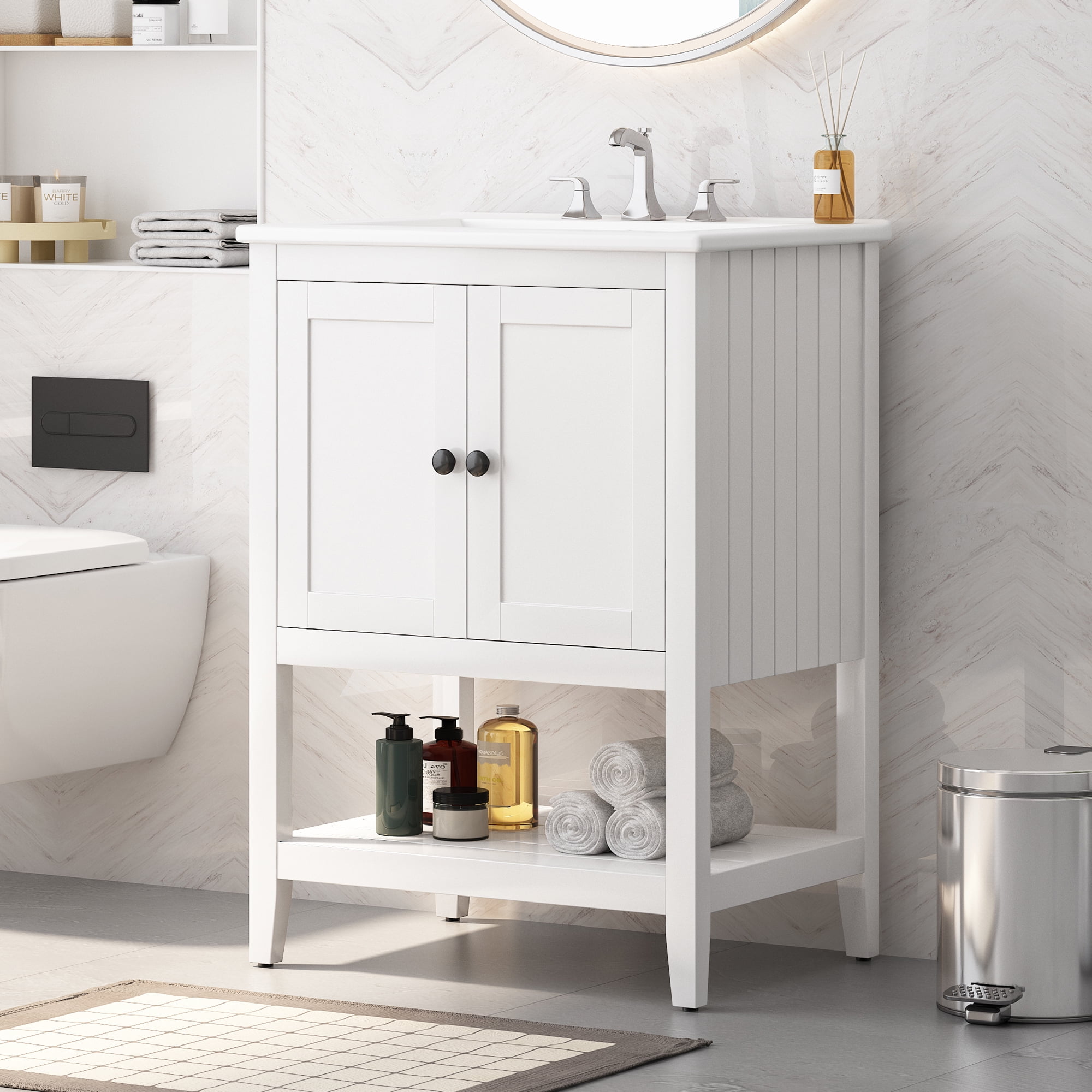 Euroco 24" White Modern Sleek Bathroom Vanity Elegant Ceramic Sink with Solid Wood Frame Open Style Shelf