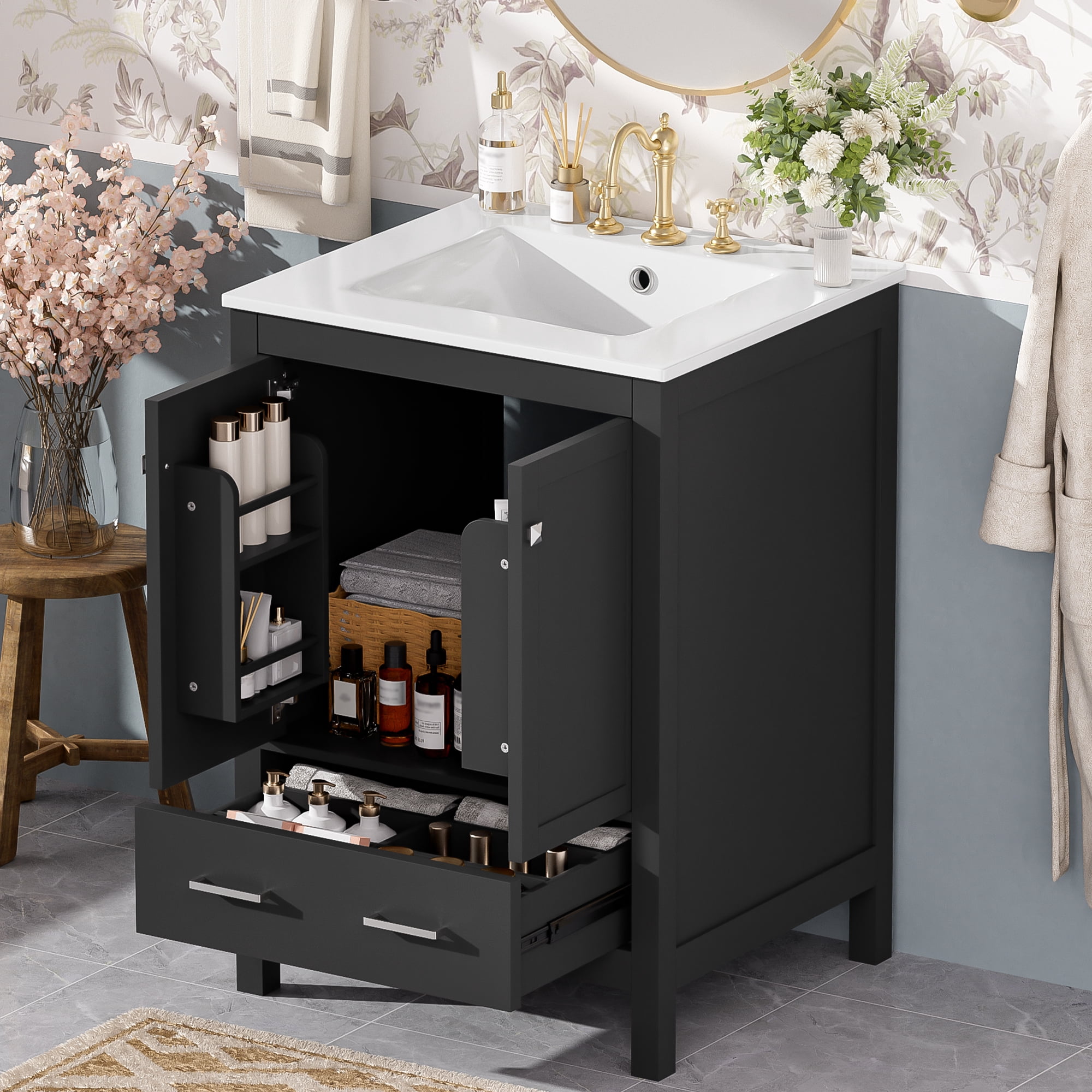 Euroco 24-inch bathroom vanity with integrated undermount basin and a storage cabinet featuring 2 doors and 1 drawer. Includes double-layer door shelf