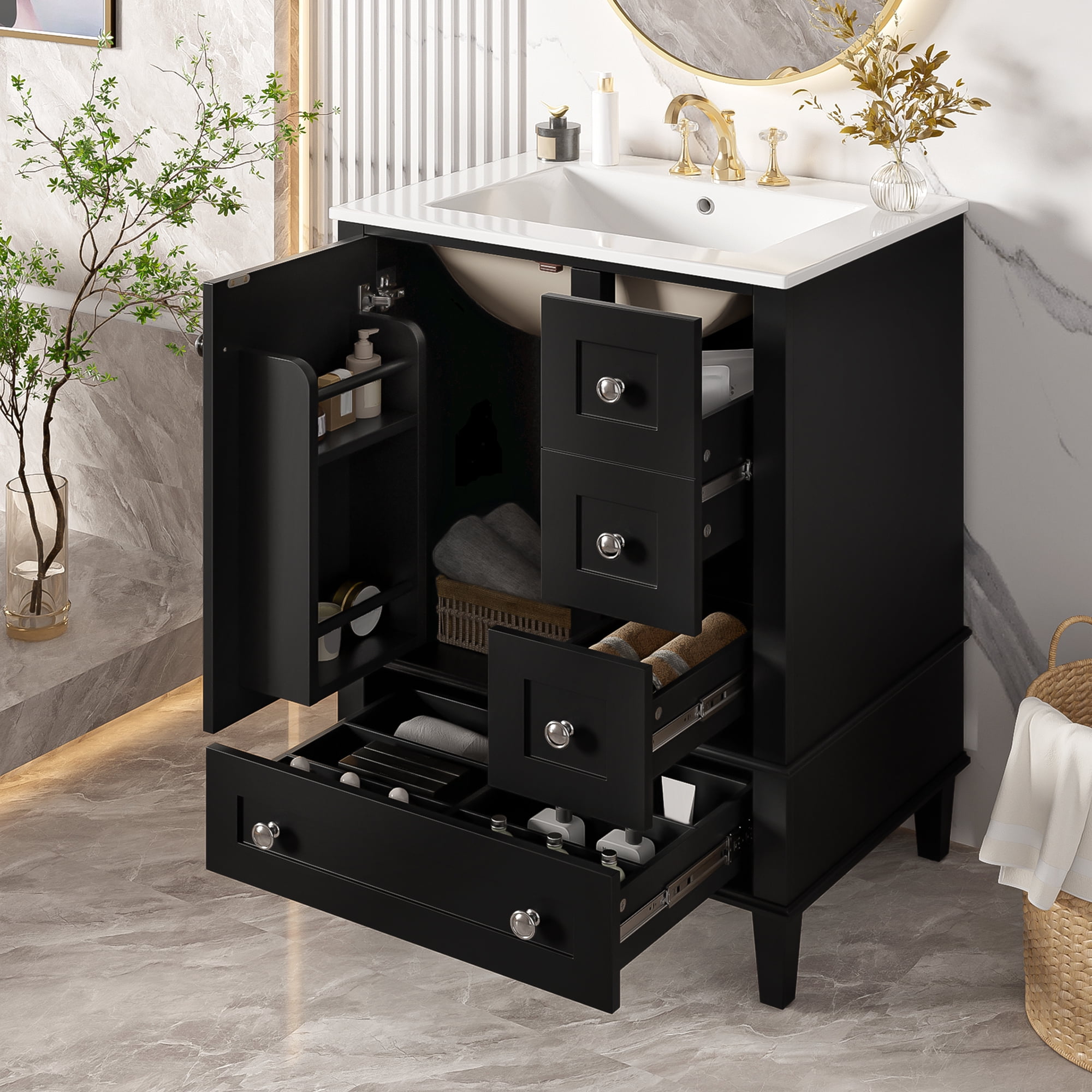 Euroco 24-inch black bathroom vanity with an integrated ceramic basin, featuring a door-mounted double-layer shelf, soft-close drawers, and a soft-close cabinet door.