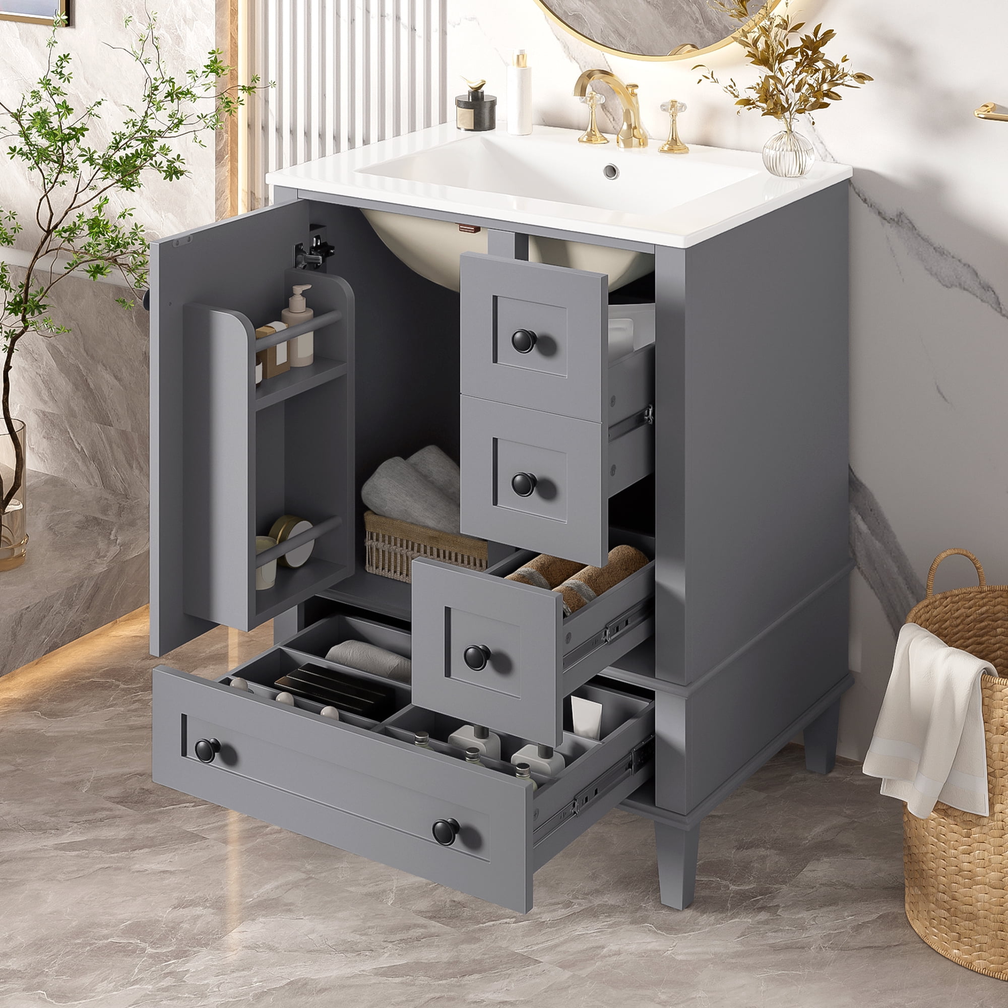 Euroco 24-inch gray bathroom vanity with an integrated ceramic basin, featuring a door-mounted double-layer shelf, soft-close drawers, and a soft-close cabinet door.