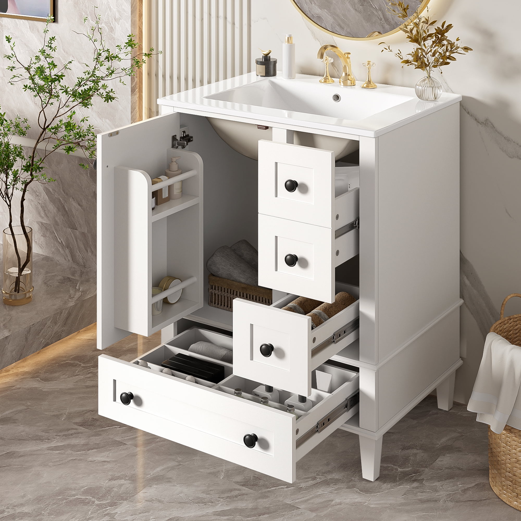 Euroco 24-inch white bathroom vanity with an integrated ceramic basin, featuring a door-mounted double-layer shelf, soft-close drawers, and a soft-close cabinet door