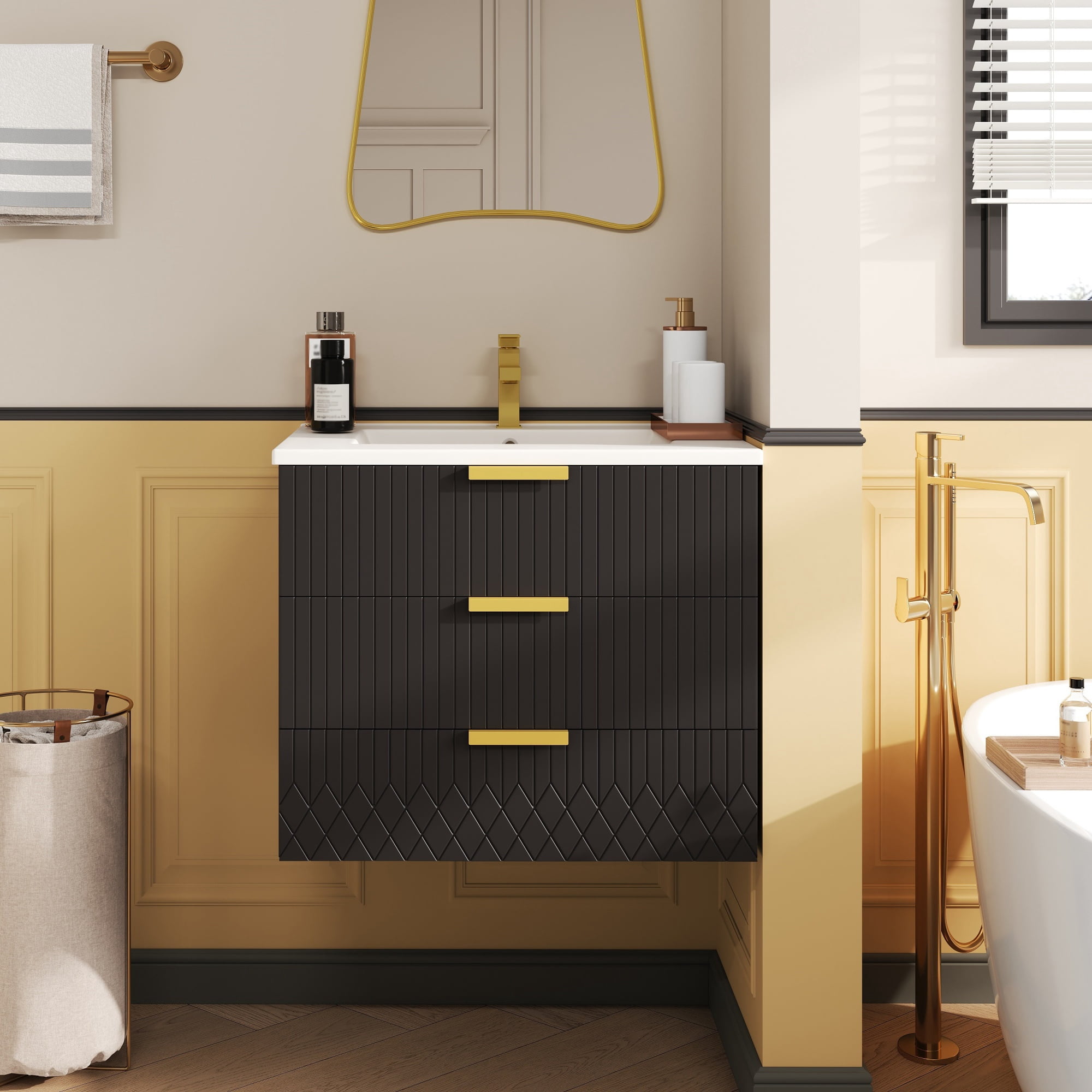 Euroco 24inch Wall Mounted Floating Cabinet w/Double Drawer, Floating Rectangular Vanity Small Bathroom Sink With Single Faucet Hole and Overflow, Modern Bathroom Cabinet with Ceramic Basin Sink