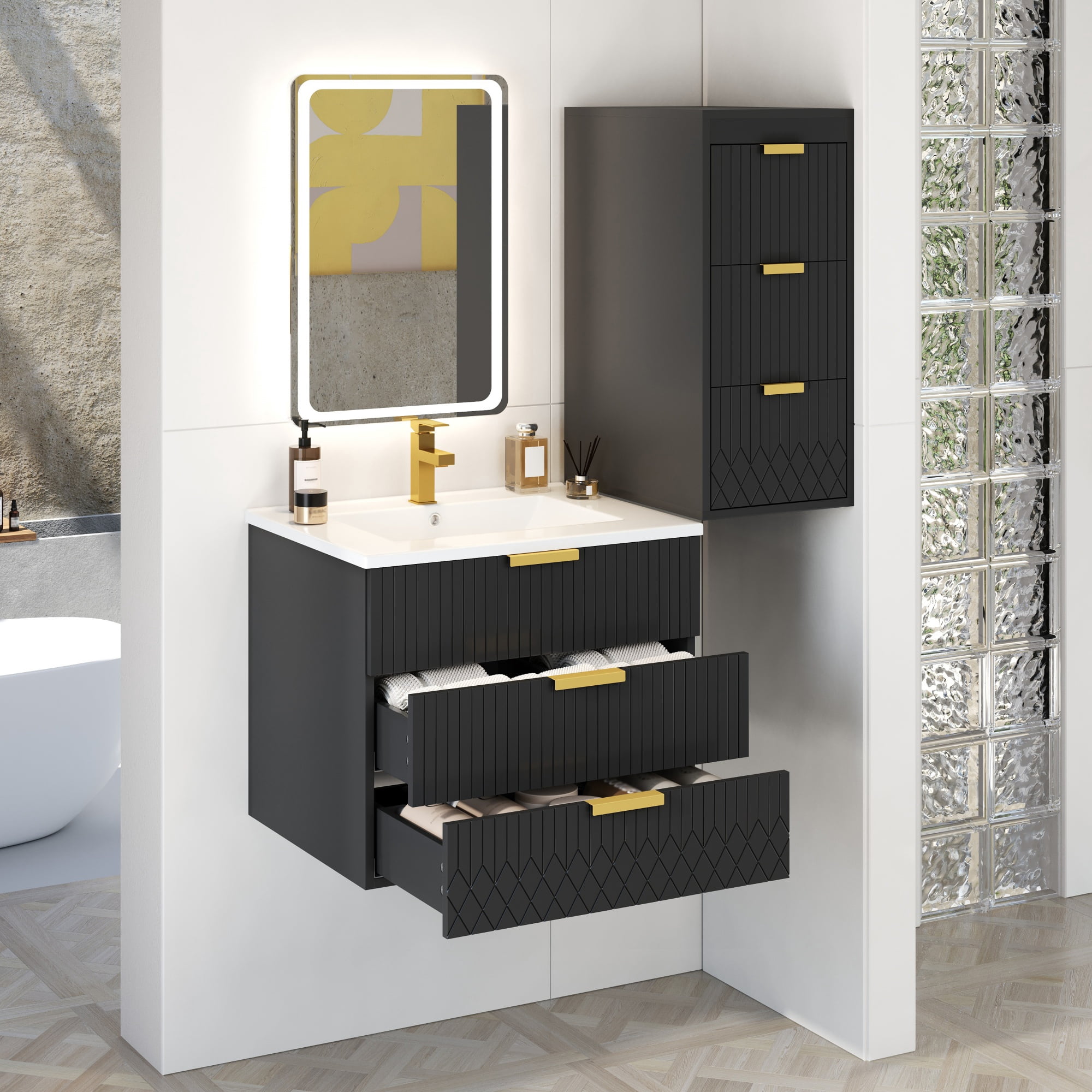 Euroco 24inch Wall Mounted Floating Cabinet w/Side Cabinet Combo, Rectangular Vanity, Small Bathroom Sink With Single Faucet Hole and Overflow, Modern Bathroom Cabinet with Ceramic Basin Sink