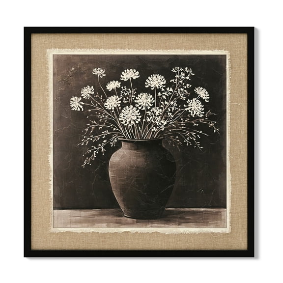 Euroco 24x24inch Vintage Abstract Flower Bouquet Wall Art, Nature Framed White Flower in a Rustic Clay Pot Painting Blossom Picture Prints on Linen for Bedroom Office