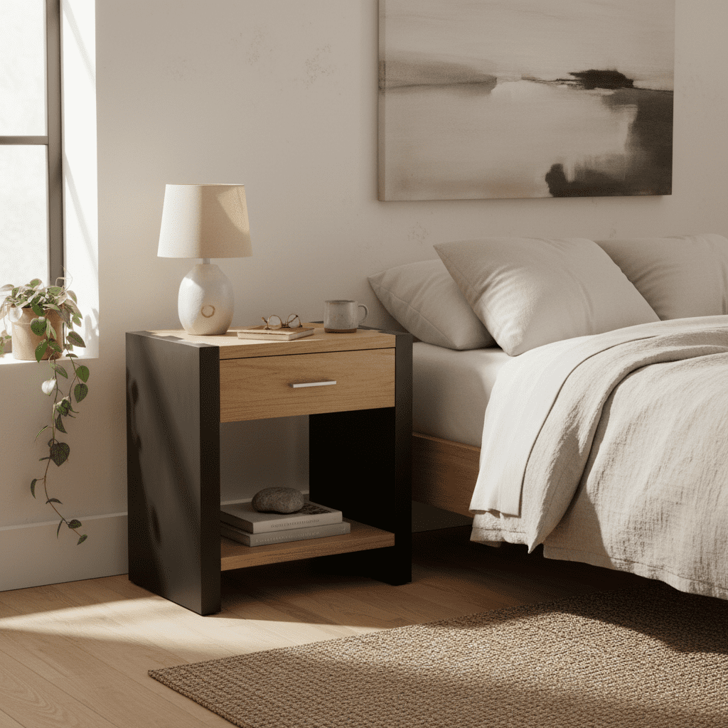 Euroco 25.25" Tall Nightstand with Storage Drawer,Solid Wood Bedside Table End Side Table with Bottom Shelf for Bedroom,Black