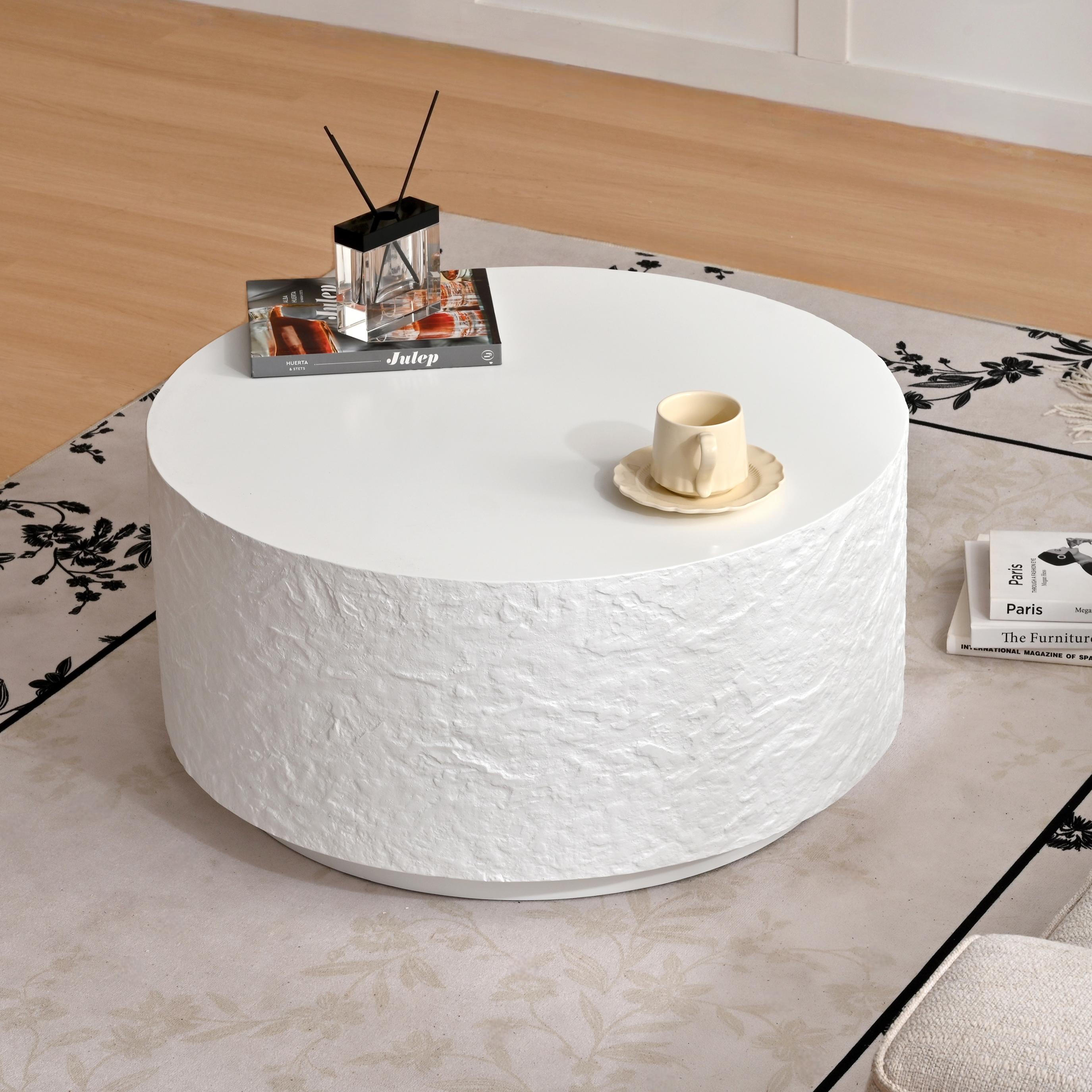 Euroco 27.5" Round Coffee Table with Imitation Stone Design, Modern Drum Center Table With Pure Smooth Tabletop, Cement Stone Pattern End Table for Living Room, Bedroom