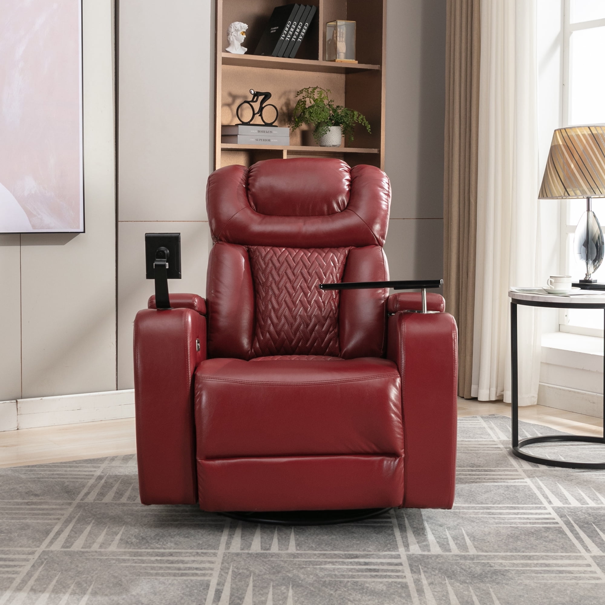 Euroco 270 Degree Swivel PU Leather Power Recliner Individual Seat Home Theater Recliner with Tray Table, Phone Holder, Cup Holder, USB Port, Hidden Arm Storage for Living Room, Red