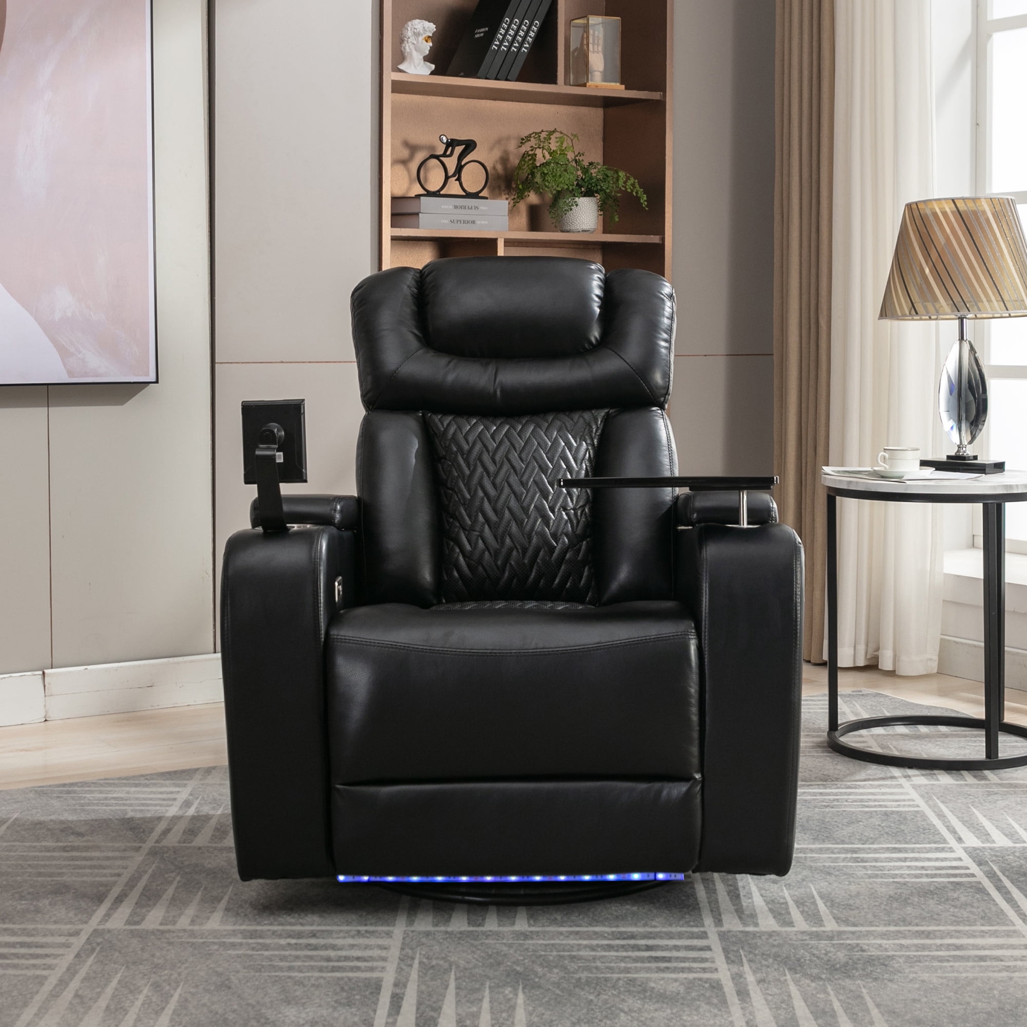 Euroco 270 Degree Swivel PU Leather Power Recliner Individual Seat Home Theater Recliner with Tray Table, Phone Holder, Cup Holder, USB Port, Hidden Arm Storage for Living Room, Black