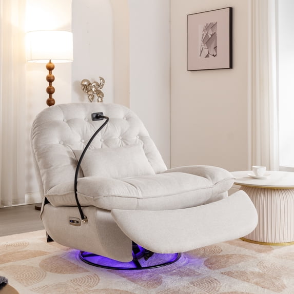 Euroco 270 Degree Swivel Power Recliner with Voice Control, Bluetooth Music Player, USB Ports, Atmosphere Lamp, Hidden Arm Storage and Mobile Phone Holder for Living Room, Bedroom, Beige