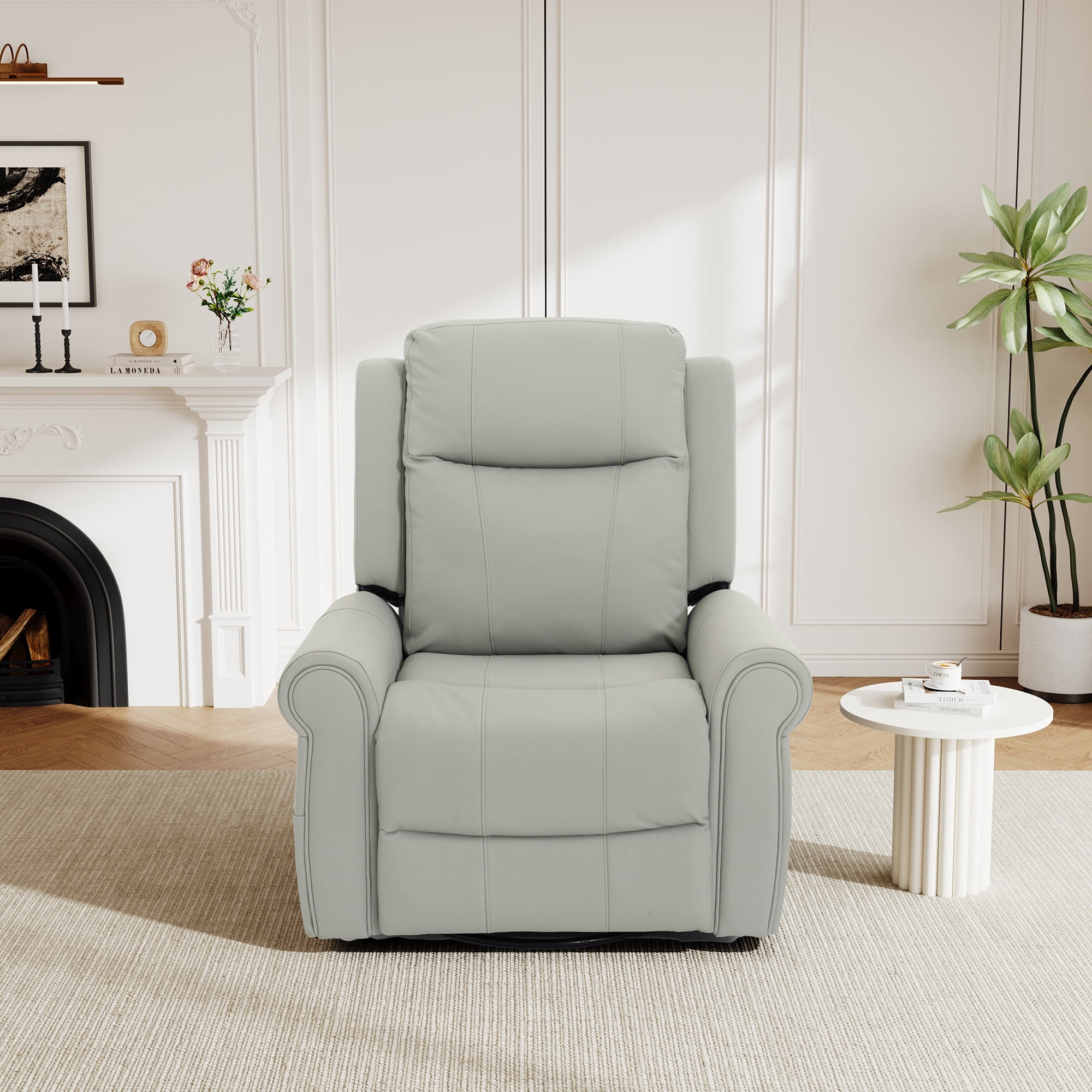 Euroco 270° Swivel Rocker Recliner Chair, PU Leather Nursery Rocking Chair with Massage,Heating,Dual Reclining Positions and Side Pocket,Manual Reclining Chair for Living Room, Bedroom,Grey
