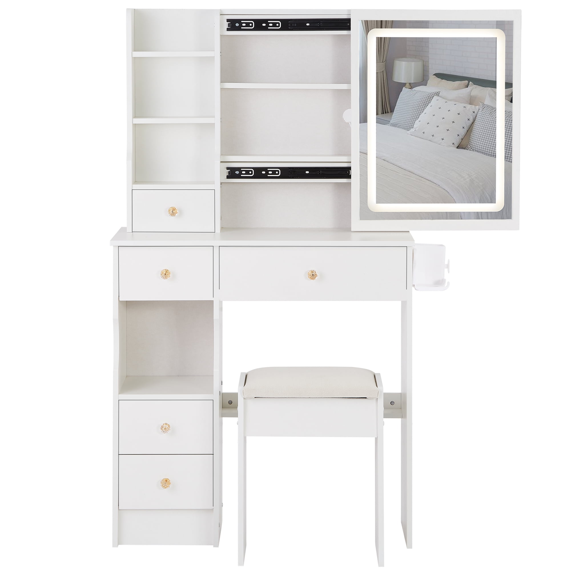 Euroco 29.2" Small Size Left Drawer Desktop Vanity Table + Cushioned Stool, 2 AC+2 USB Power Station,Tri-color Switching, Brightness Adjust