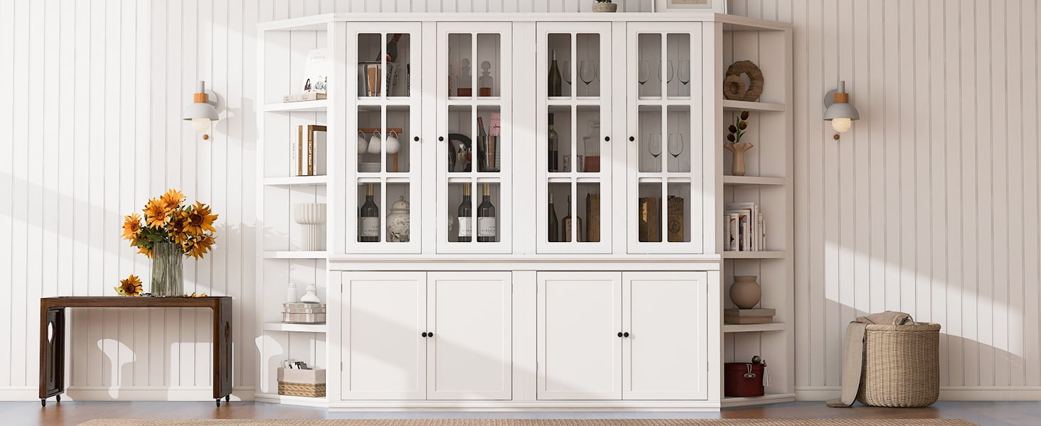 Euroco 2x 75.25'' Tall Display Cabinets and Two Triangle Sided Bookshelves, 105.5'' Wide Retro Style Wall Suit with Glass Doors, for Hallways, Living room, Office, Studio or Workspace - White