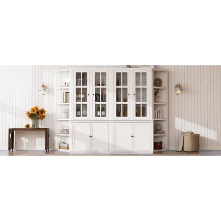 Euroco 2x 75.25'' Tall Display Cabinets and Two Triangle Sided Bookshelves, 105.5'' Wide Retro Style Wall Suit with Glass Doors, for Hallways, Living room, Office, Studio or Workspace - White