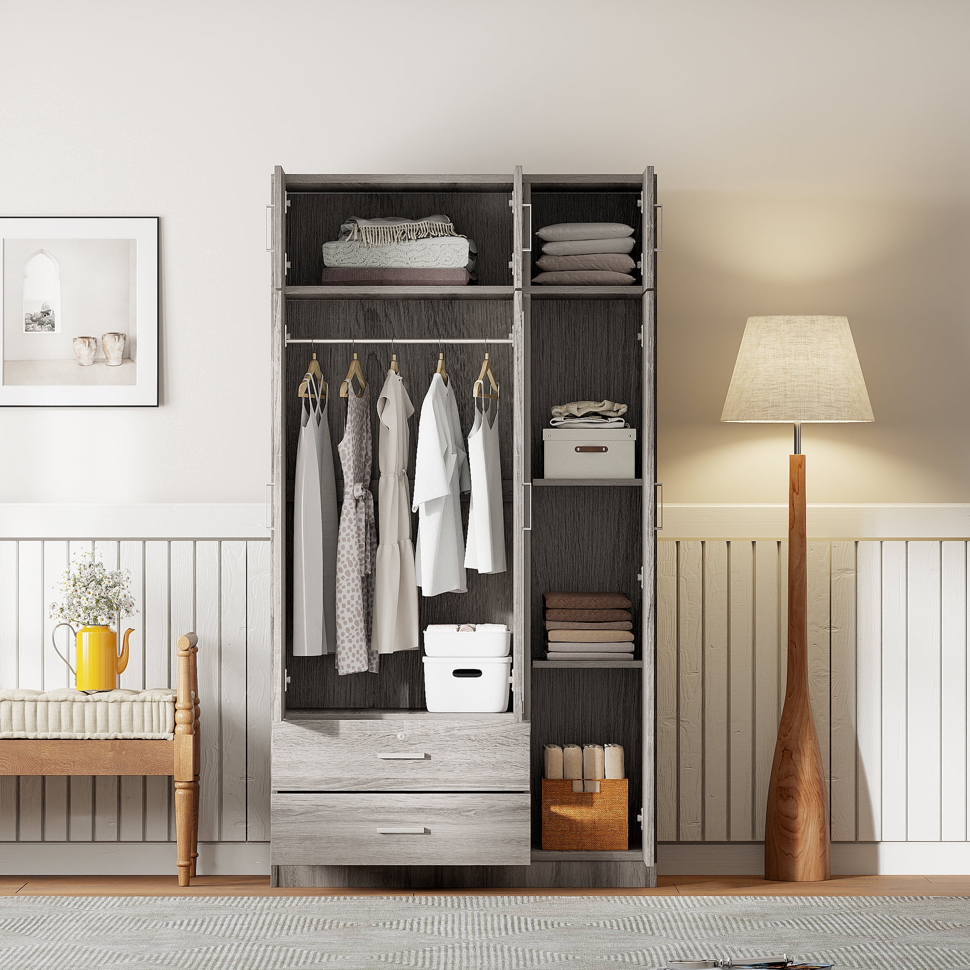 Euroco 3-Door Wood Armoire, Wardrobe with Mirror and Drawers, Gray