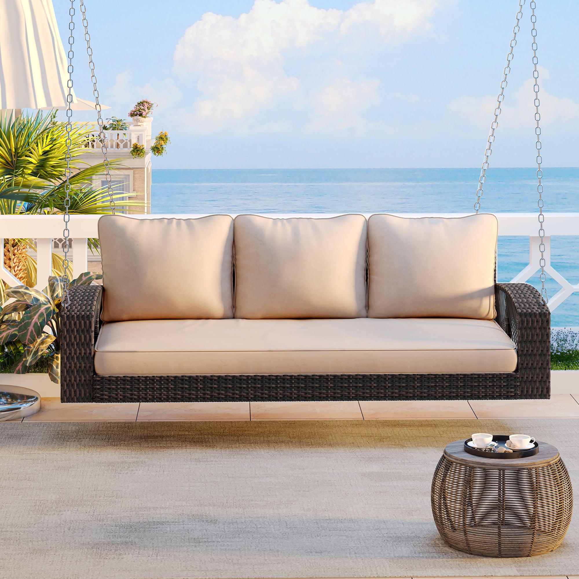 Euroco 3-Person Outdoor Patio Swing Chair with Cushions, All-Weather PE Rattan Wicker Hanging Bench with Heavy-Duty Chains for Porch, Garden, or Poolside