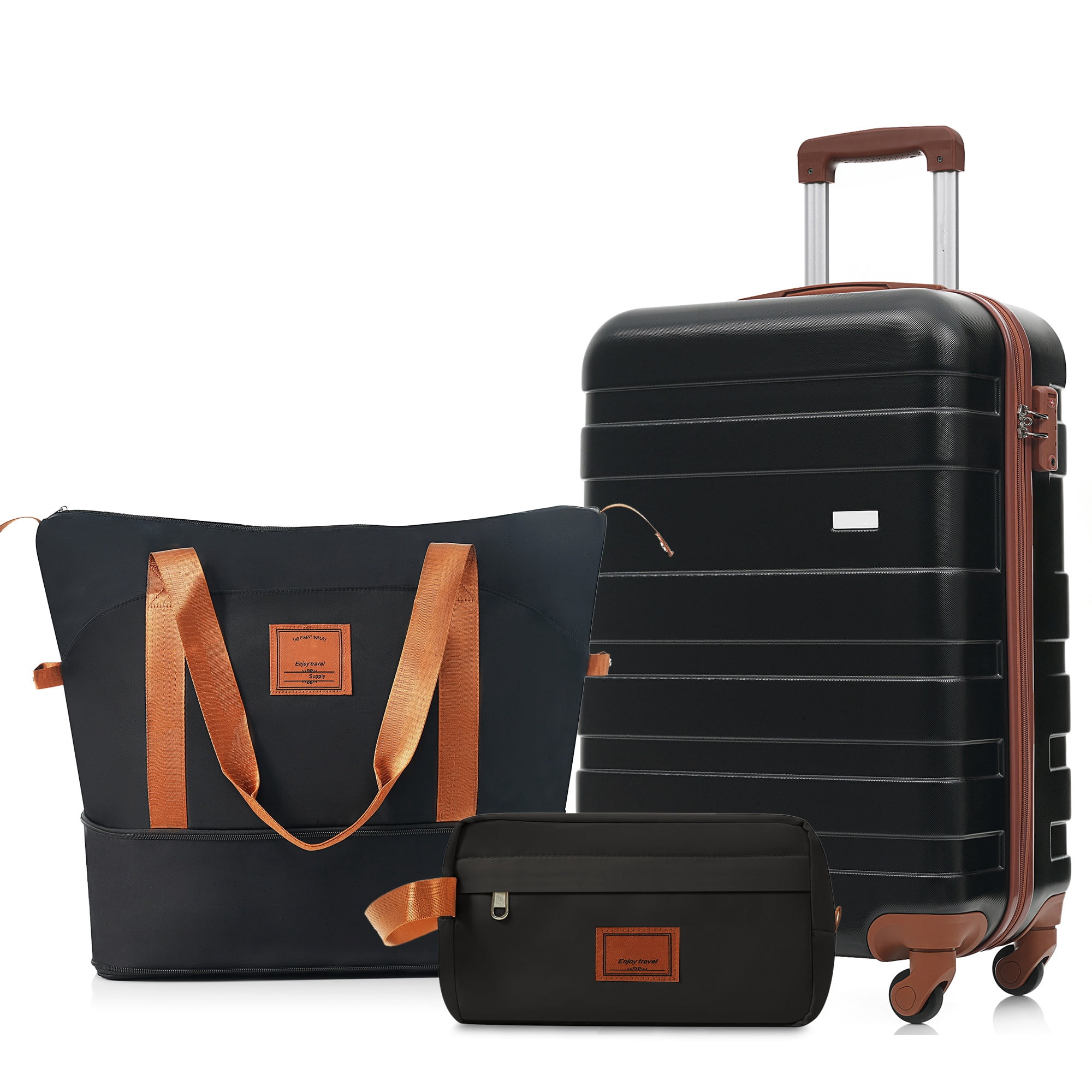 Euroco 3 Piece Carry on Luggage Sets,20" Hardside Suitcase Set with Spinner Wheels,TSA Lock,Travel Duffel Bag & Toiletry Bag,ABS Lightweight Luggage for Travel,Black