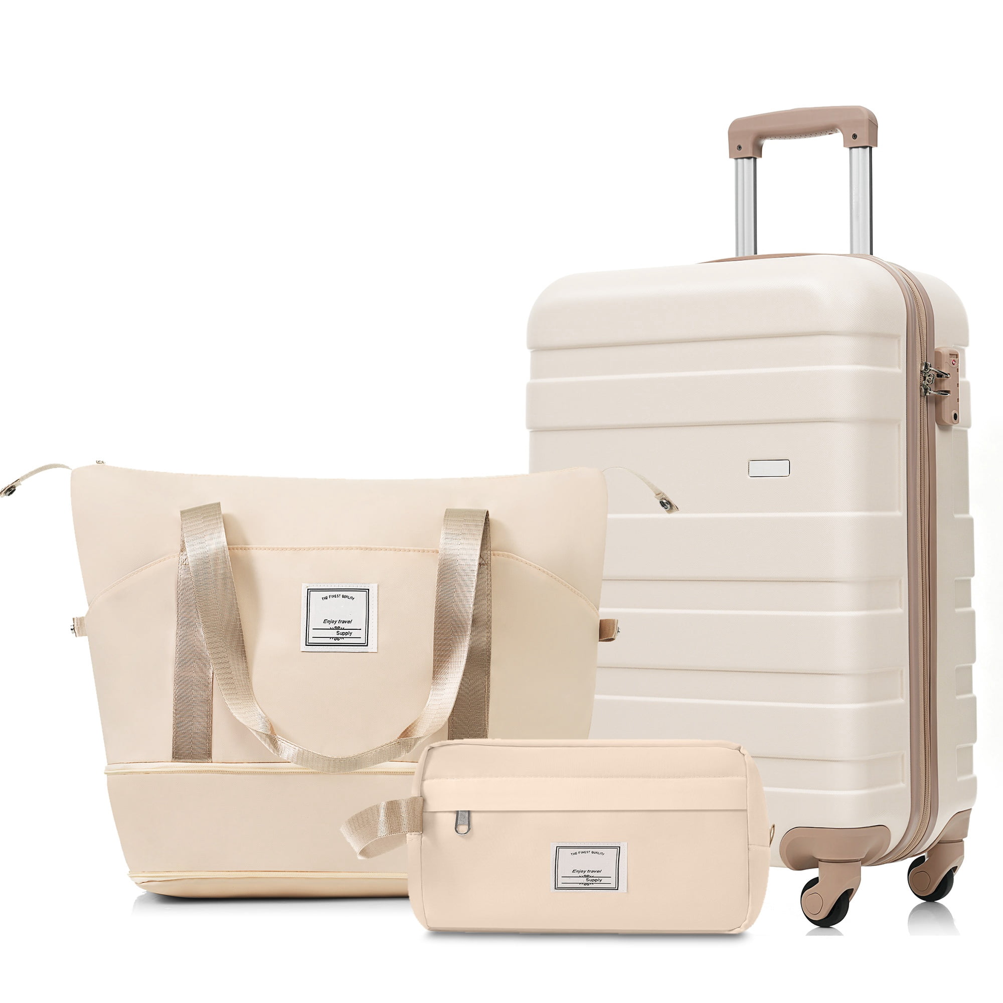 Euroco 3 Piece Carry on Luggage Sets,20" Hardside Suitcase Set with Spinner Wheels,TSA Lock,Travel Duffel Bag & Toiletry Bag,ABS Lightweight Luggage for Travel,Ivory+Gold