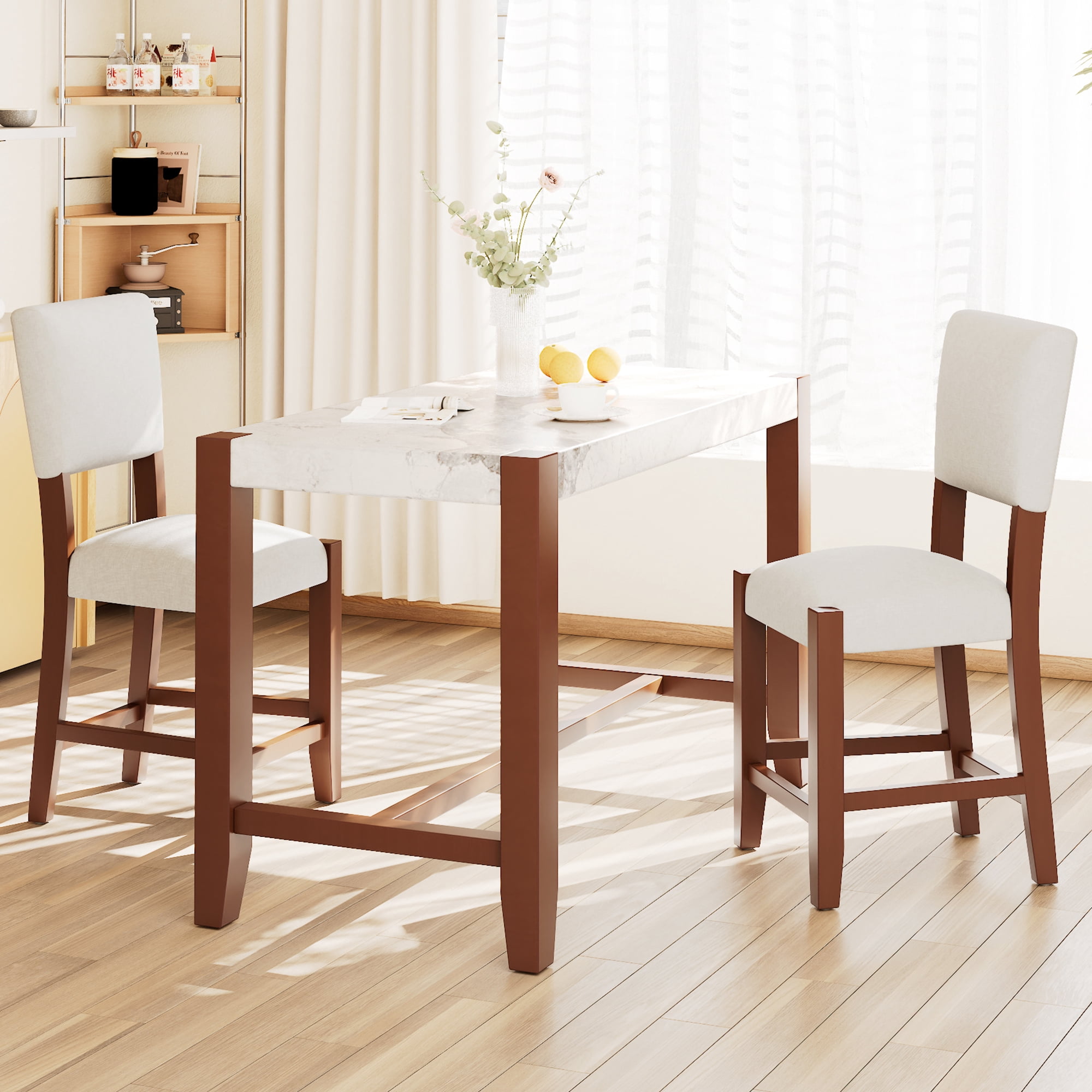 Euroco 3-Piece Counter Height Dining Table Set for 2, 47" Faux Marble Bar Table with 4 Upholstered Chairs and Solid Wood Frame,Mid-century Modern Dining Set for Dining Room,Perfect for Small Spac