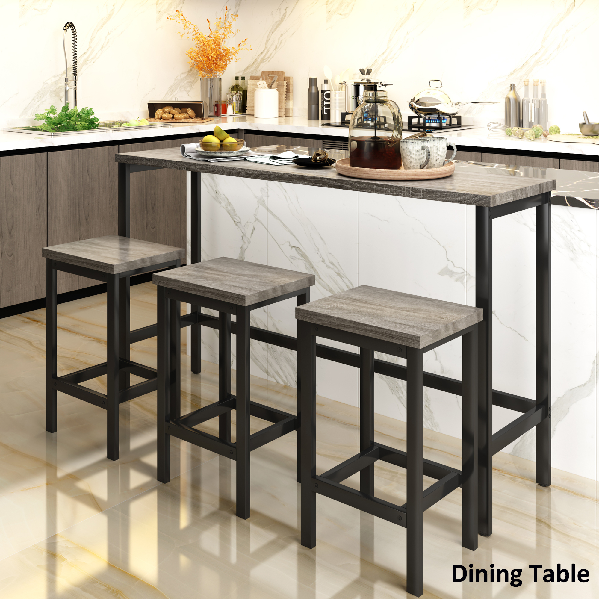 Euroco 3-Piece Counter Height Dining Table Set for 3, 60.2" Farmhouse Extra Long Kitchen Table with Footrest and 3 Stools,Side Table Entryway Table for Kitchen Living Room,Grey
