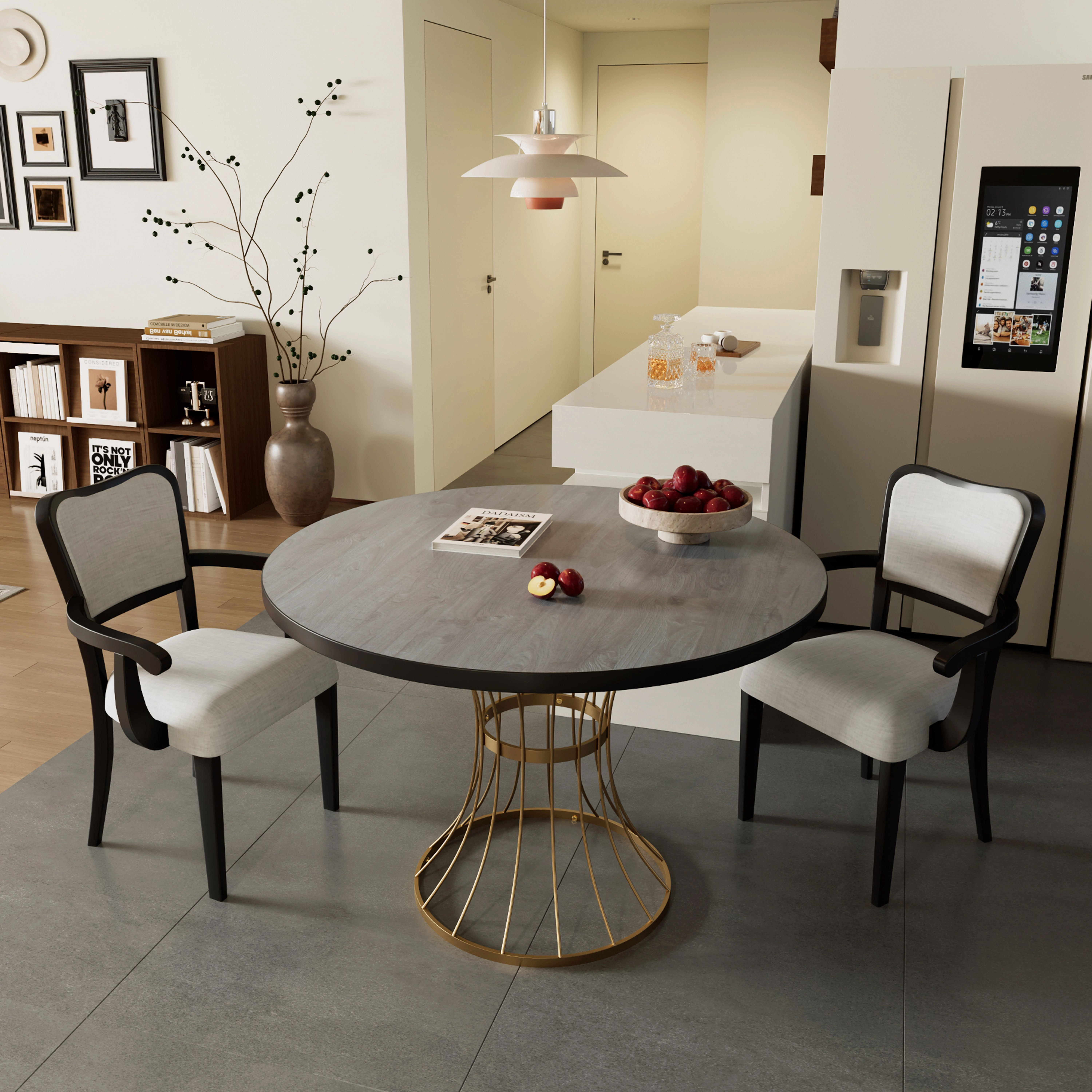 Euroco 3 Piece Dining Table Set for 2 ,42" Round Kitchen Table with 2 Armchairs & Heavy-Duty Iron Base,Compact Dining Set for Small Spaces,Breakfast Nook, Living Room,Dark Oak