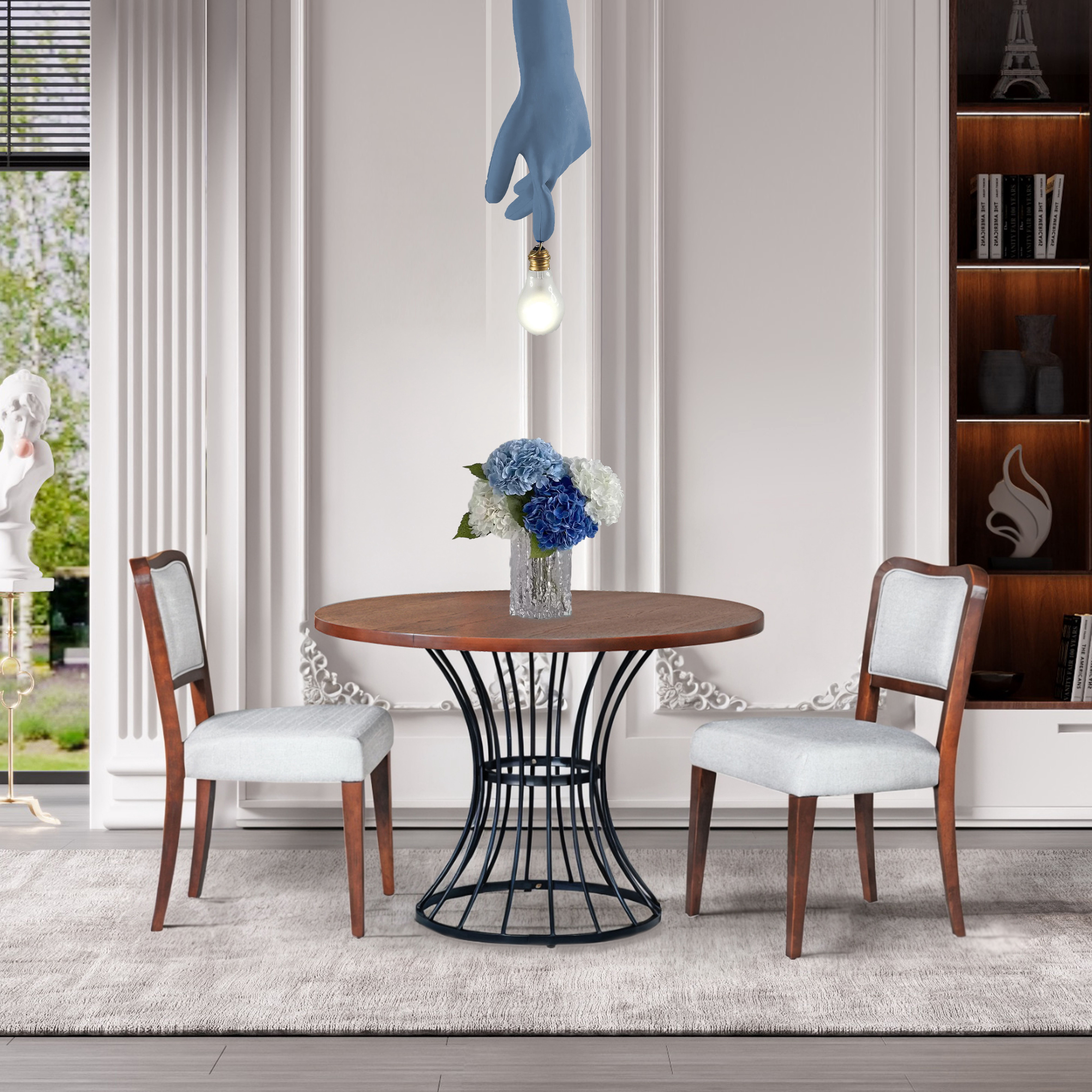 Euroco 3 Piece Dining Table Set for 2 ,42" Round Kitchen Table with 2 Upholstered Chairs and Heavy-Duty Iron Base,Compact Dining Set for Small Spaces, Kitchen, Living Room,Walnut