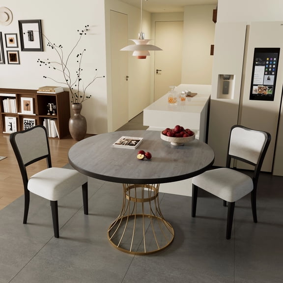 Euroco 3 Piece Dining Table Set for 2 ,42" Round Kitchen Table with 2 Upholstered Chairs and Heavy-Duty Iron Base,Compact Dining Set for Small Spaces, Kitchen, Living Room,Dark Oak