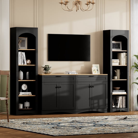 Euroco 3-Piece Farmhouse Entertainment Center with Storage Cabinet for TVs Up to 70", Mid-Century TV Stand with Bookshelf, Rustic Versatile Sideboard with Adjustable Shelves for Living Room