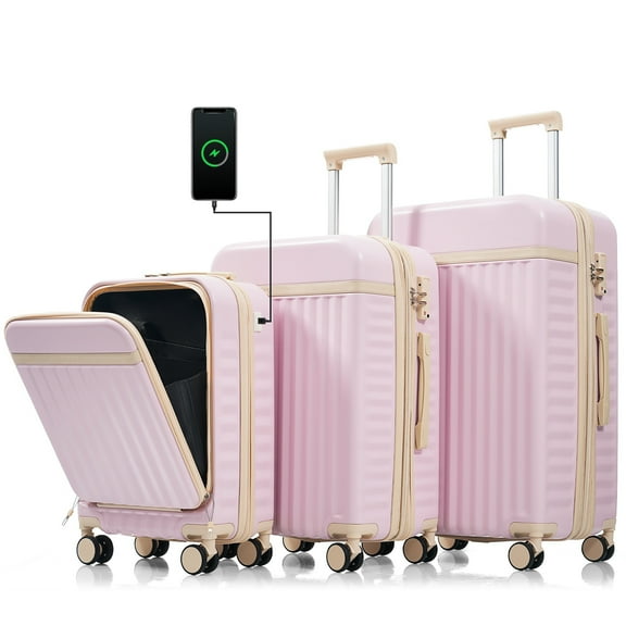 Euroco 3 Piece Front Opening Luggage Set, Hardshell Expandable Carry on Suitcase with Spinner Wheels,USB Port & TSA Lock, Lightweight Luggage for Travel,20in/24in/28in,Pink