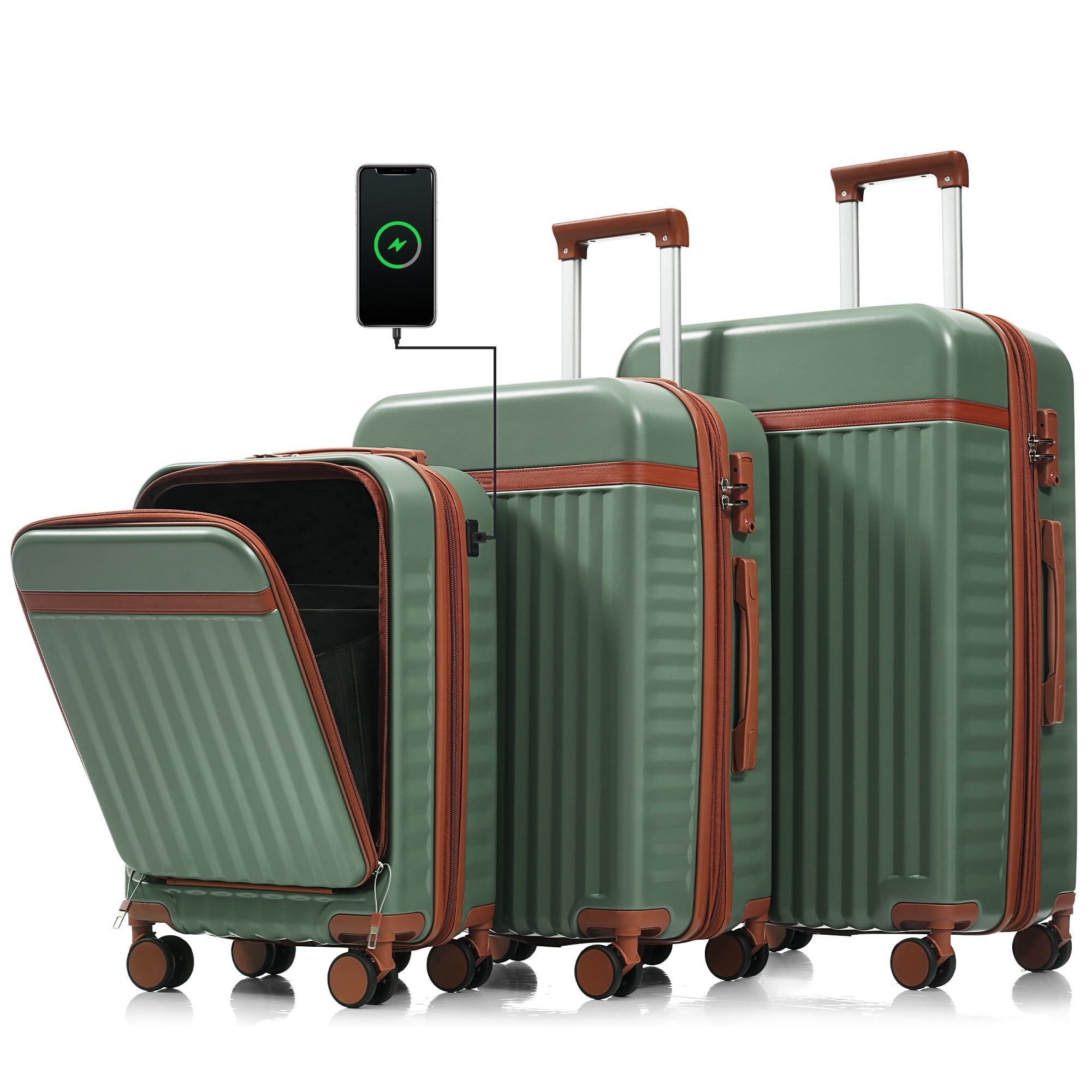 Euroco 3 Piece Front Opening Luggage Set, Hardshell Expandable Carry on Suitcase with Spinner Wheels,USB Port & TSA Lock, Lightweight Luggage for Travel,20in/24in/28in,Green