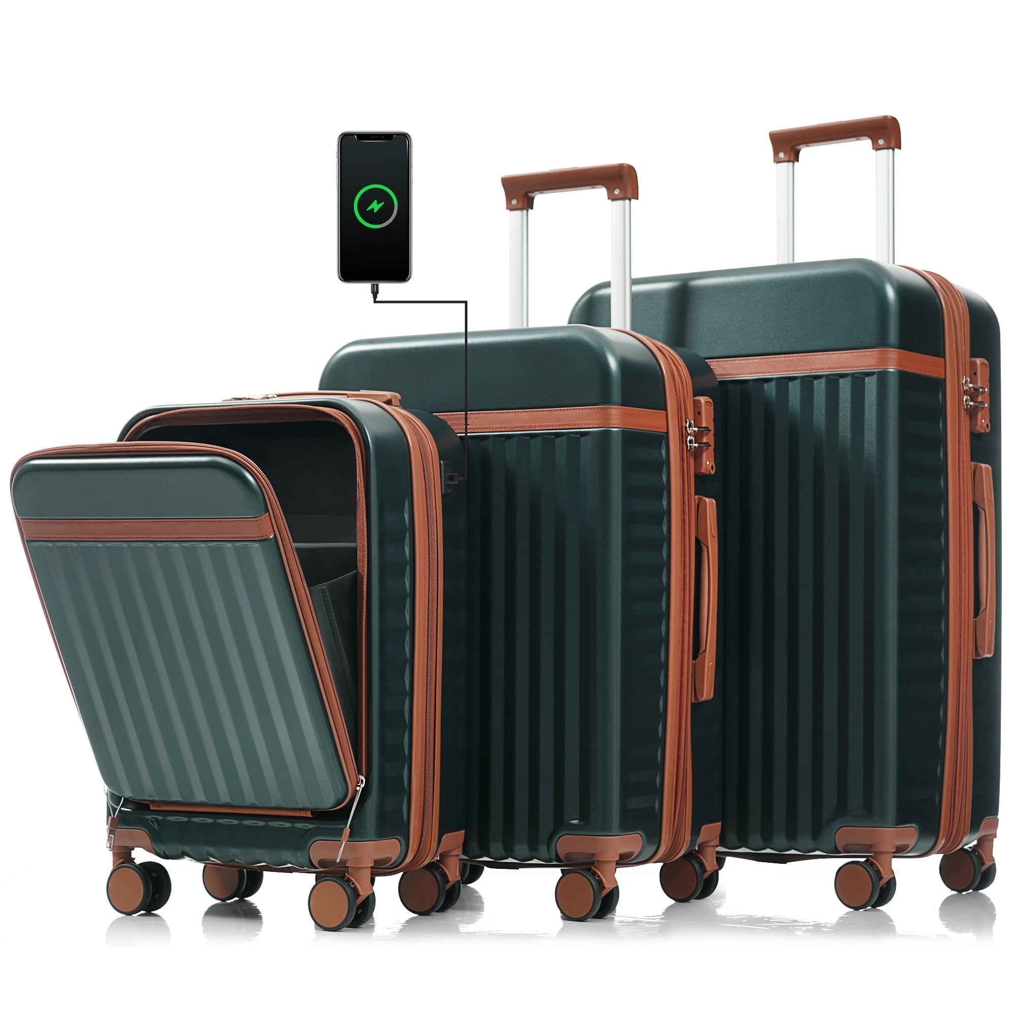 Euroco 3 Piece Front Opening Luggage Set, Hardshell Expandable Carry on Suitcase with Spinner Wheels,USB Port & TSA Lock, Lightweight Luggage for Travel,20in/24in/28in,Dark Green