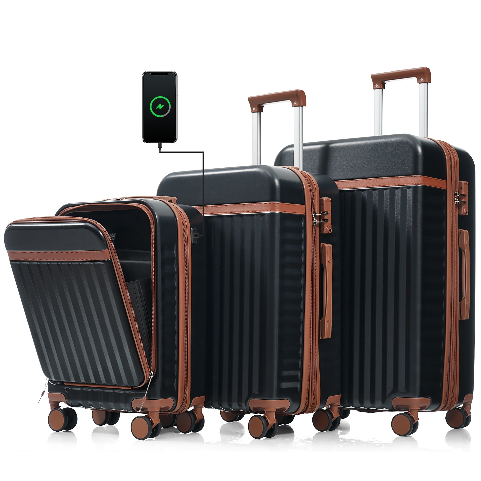 Euroco 3 Piece Front Opening Luggage Set, Hardshell Expandable Carry on Suitcase with Spinner Wheels,USB Port & TSA Lock, Lightweight Luggage for Travel,20in/24in/28in,Black