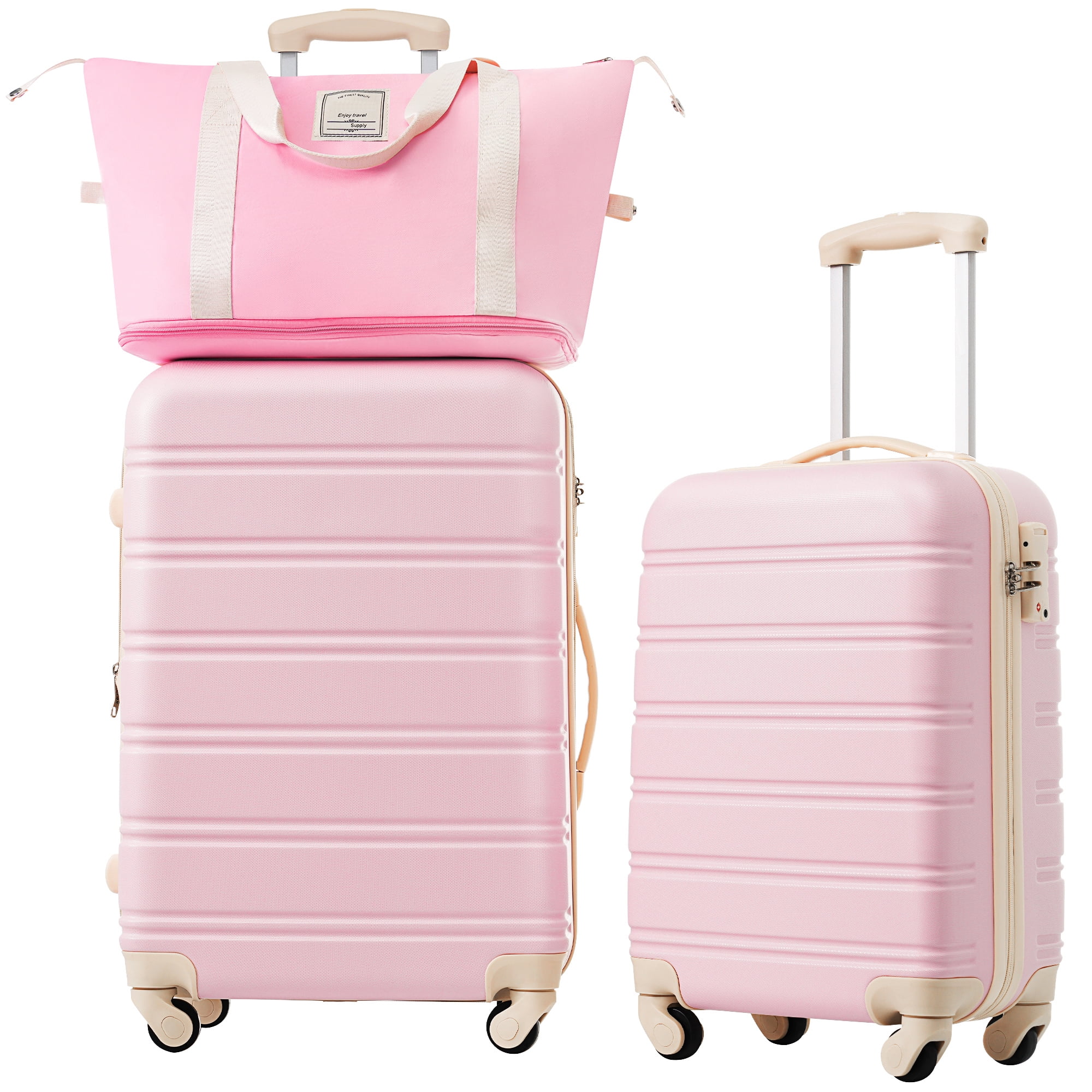 Euroco 3 Piece Hardshell Luggage Sets, 20in & 24in Suitcase Set with Compact Travel Bag,Spinner Wheels and TSA Lock, Lightweight Carry on Luggage for Women Men,Light Pink