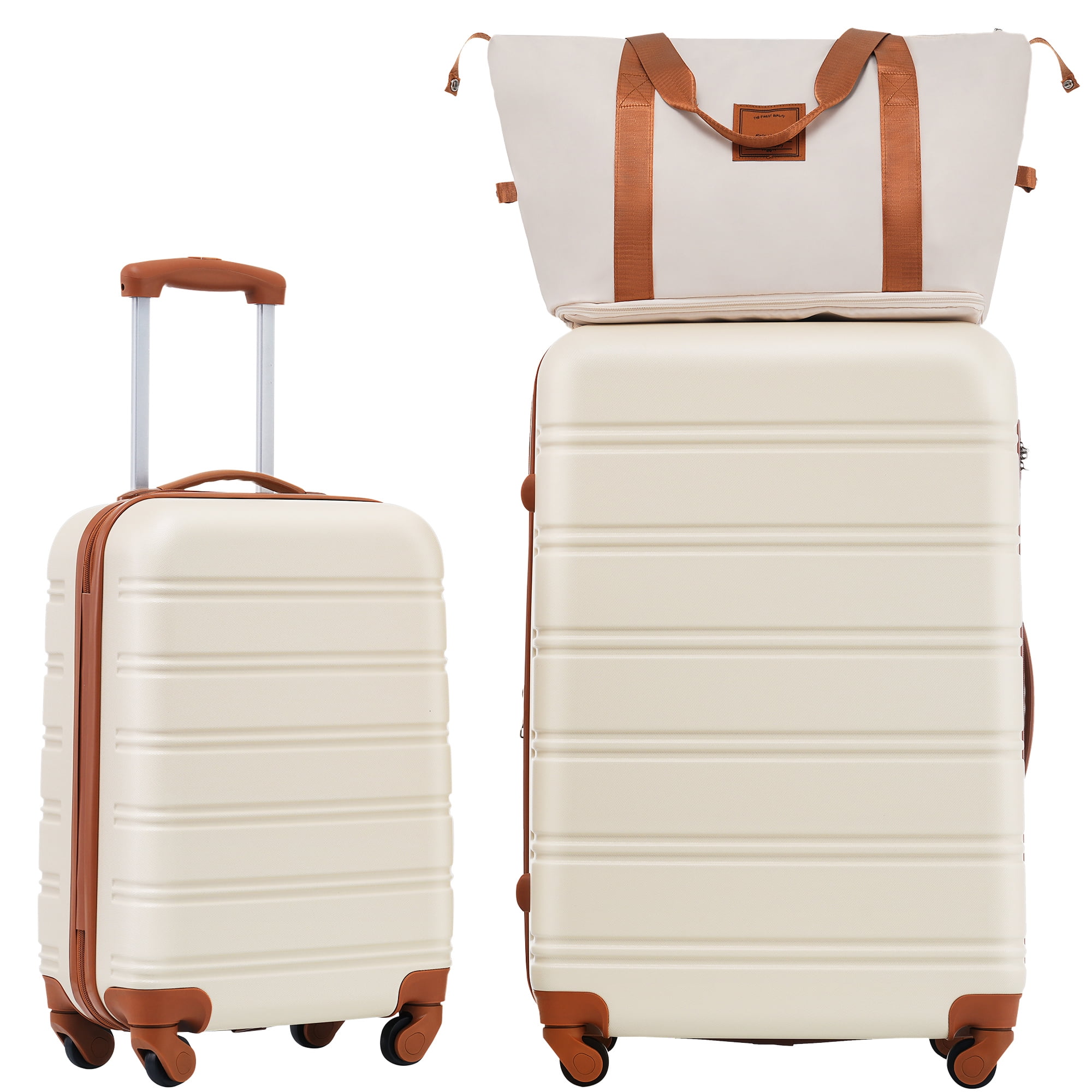 Euroco 3 Piece Hardshell Luggage Sets, 20in & 28in Suitcase Set with Compact Travel Bag,Spinner Wheels and TSA Lock, Lightweight Checked Luggage for Women Men,Brown+White