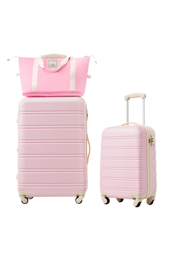 3 Piece Hardshell Luggage Sets, 20in & 28in Suitcase Set with Compact Travel Bag,Spinner Wheels and TSA Lock, Lightweight Checked Luggage for Women Men,Light Pink