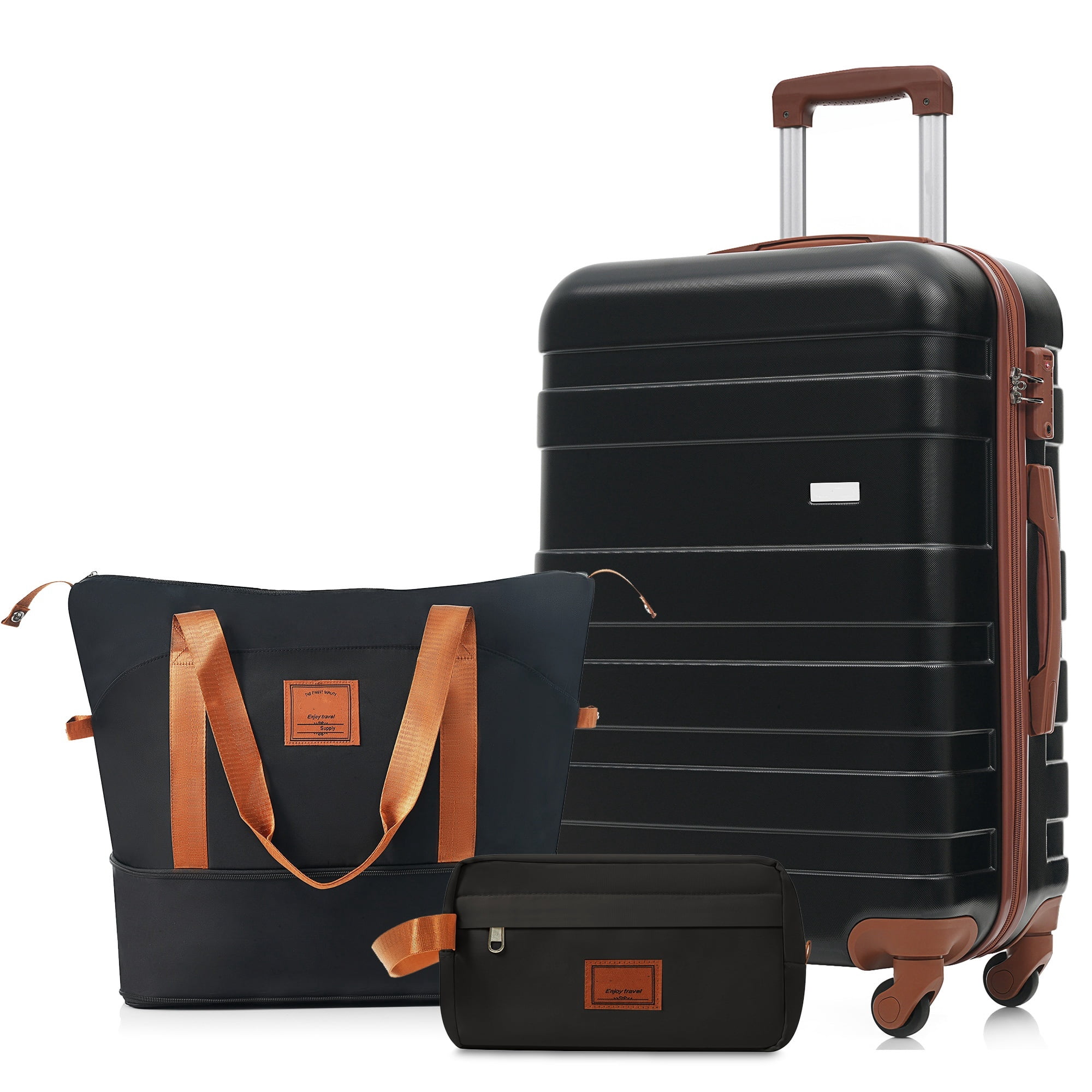 Euroco 3 Piece Luggage Set, 24" Checked Suitcase with TSA Lock,Spinner Wheels & 2 Bags,Lightweight Hardshell Suitcase Set for Travel,Black