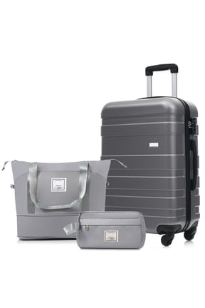 3 Piece Luggage Set, 24" Checked Suitcase with TSA Lock,Spinner Wheels & 2 Bags,Lightweight Hardshell Suitcase Set for Travel,Grey