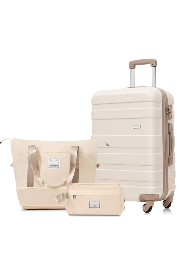 3 Piece Luggage Set, 24" Checked Suitcase with TSA Lock,Spinner Wheels & 2 Bags,Lightweight Hardshell Suitcase Set for Travel,Ivory Gold