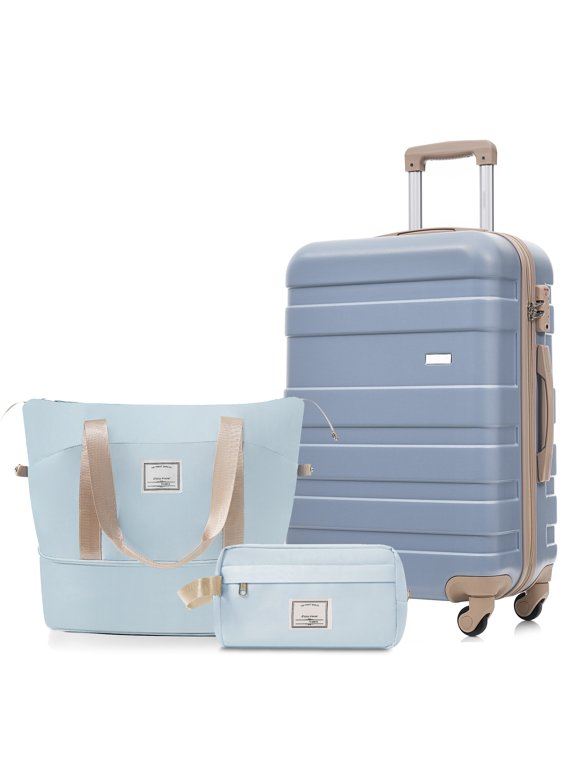 3 Piece Luggage Set, 24" Checked Suitcase with TSA Lock,Spinner Wheels & 2 Bags,Lightweight Hardshell Suitcase Set for Travel,Light Blue