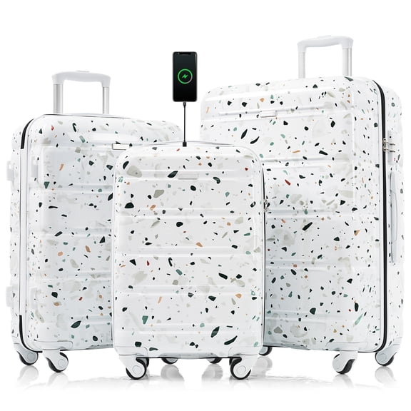 Euroco 3 Piece Luggage Sets, 20" Carry-on Suitcase with USB Port and Cup Holder,Hardside Lightweight Suitcase Set with TSA Lock and Spinner Wheels(20"/24"/28"),White