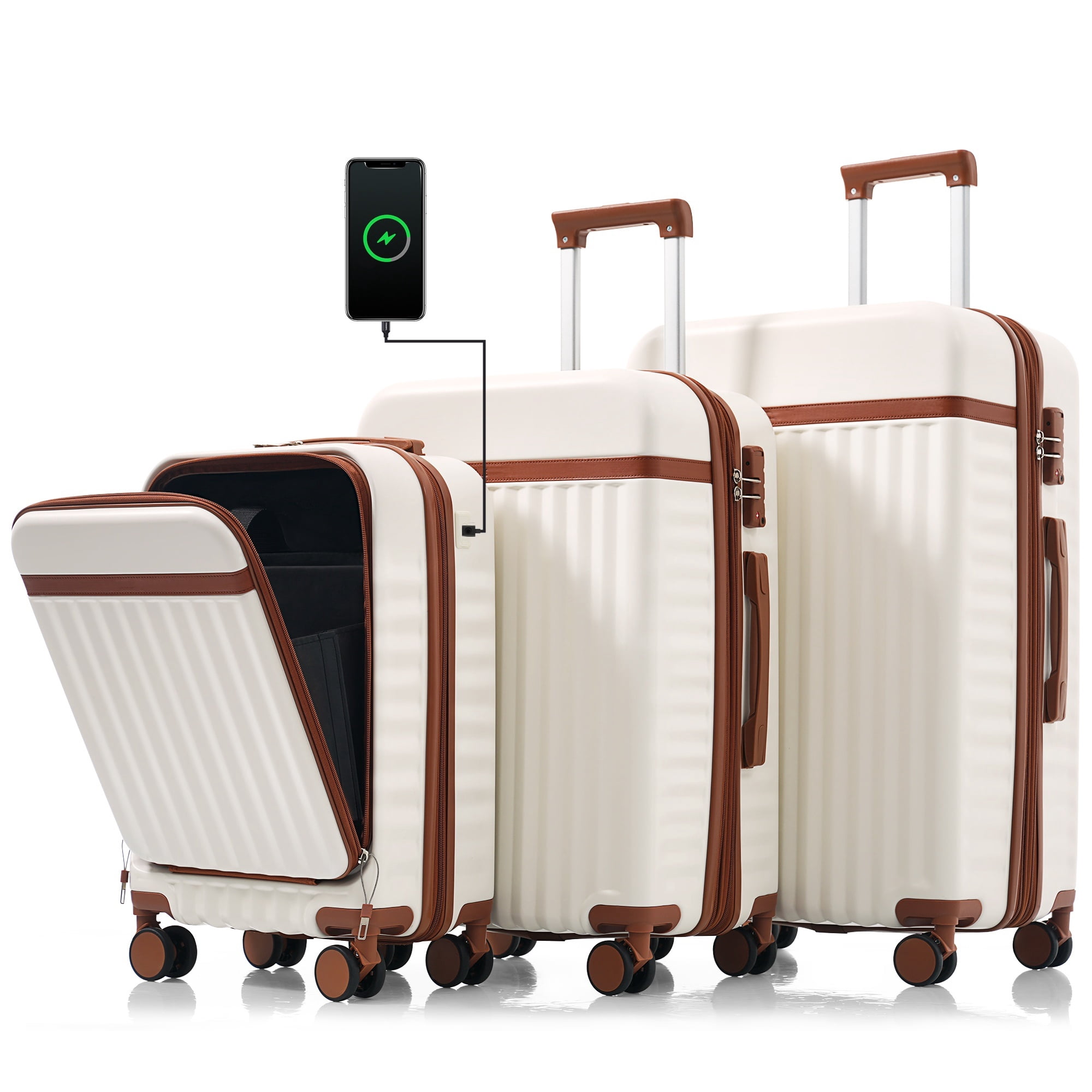 Euroco 3 Piece Luggage Sets, 20" Hardshell Carry on Luggage with Front Opening Design,USB Port,Spinner Wheels & TSA Lock, Expandable Lightweight Suitcase Set for Travel,20in/24in/28in,White