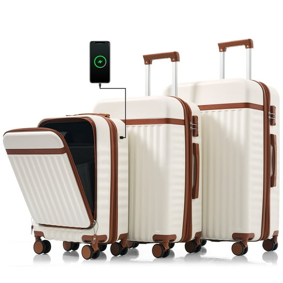 Euroco 3 Piece Luggage Sets, 20" Hardshell Carry on Luggage with Front Opening Design,USB Port,Spinner Wheels & TSA Lock, Expandable Lightweight Suitcase Set for Travel,20in/24in/28in,White